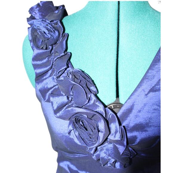 R&M Richards Petite 10P Cobalt Blue Rosette Strap Satin Evening Gown - Picture 3 of 4